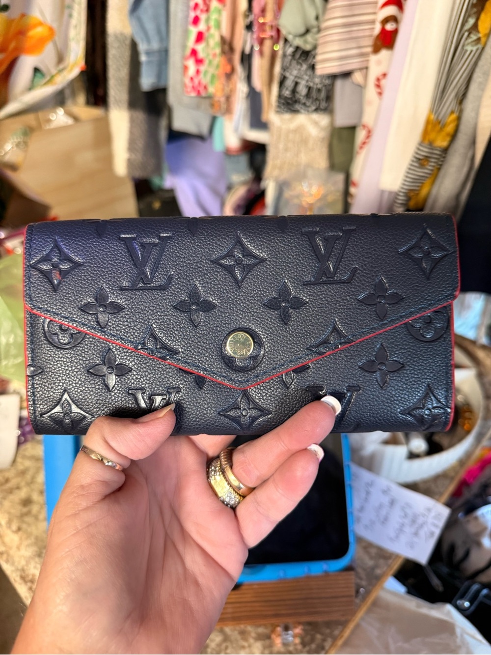 Louis Vuitton Navy Embossed Monogram Wallet with Red Edge